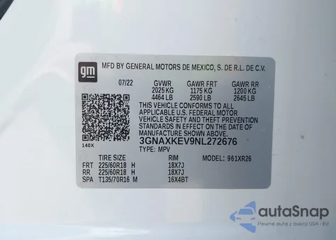 2022 Chevrolet Equinox Lt z USA, uszkodzony, nr VIN 3GNAXKEV9NL272676